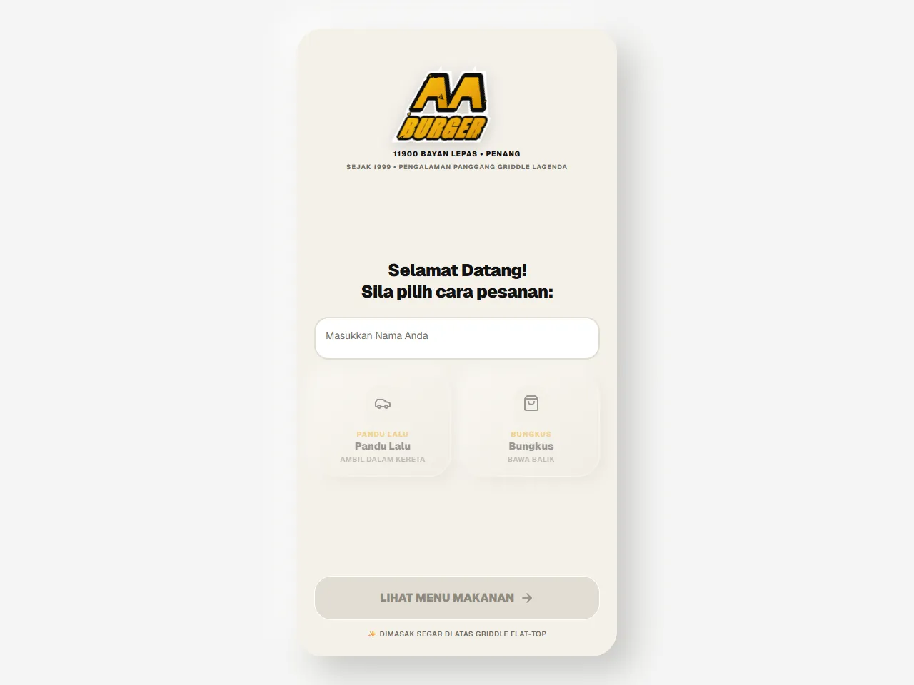 AA Burger Kiosk ordering interface