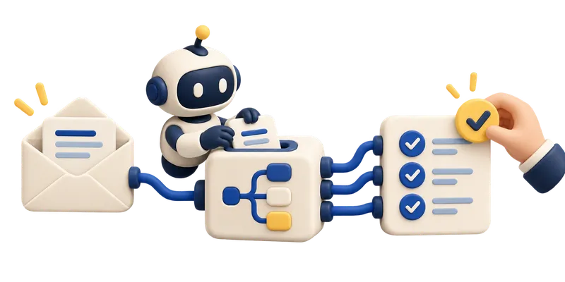 An AI helper connects an incoming enquiry to organised tasks and a person’s approval.