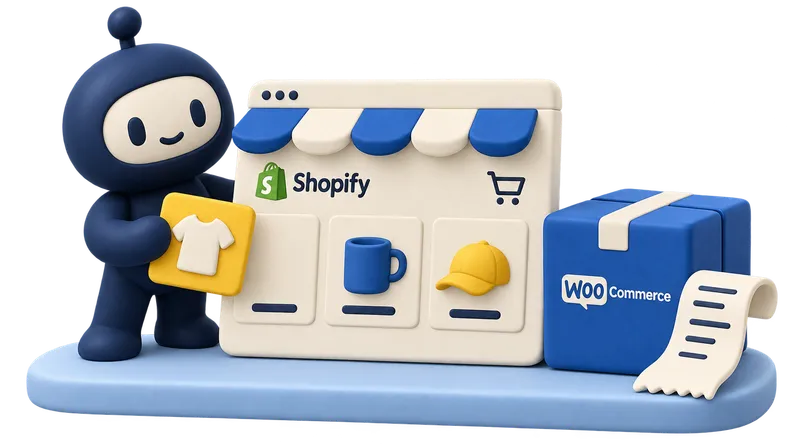 A shop helper presents a digital storefront with products, a parcel and an order receipt.